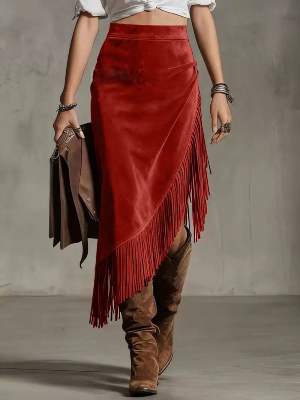 Burgundy Casual Party Women's Fringe Asymmetrical Zipper Midi Skirt
